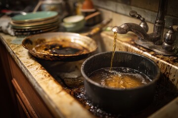 Dirty kitchen sink with greasy pots and pans, water running, cluttered dishes in the background