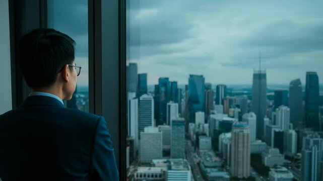 Businessman gazing out at expansive urban skyline from highrise window in reflective moment