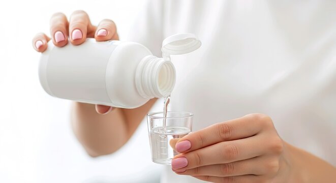 Pouring refreshing mouthwash into a cup for a clean feeling ultimate oral care hygiene routine