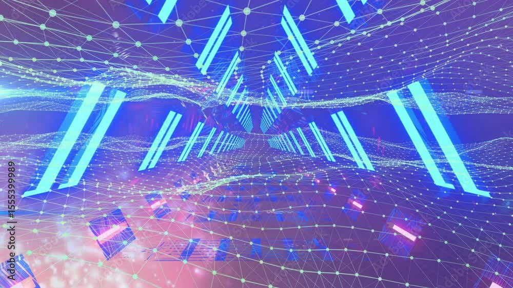 Poster viewer entering neon tunnel activating grid shifting into waves as nodes streaming for data flow