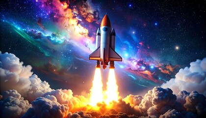 Rocket launch into vibrant nebula