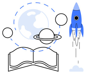 Open book beneath planets, Earth, and a rocket ascending. Highlights themes of learning, imagination, space, innovation, discovery education and creativity. Ideal for science teaching