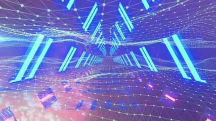 Viewer entering neon tunnel activating grid shifting into waves as nodes streaming for data flow - Powered by Adobe