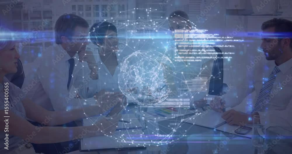 Poster business team entering data triggers holographic globe generating code visuals for network analysis
