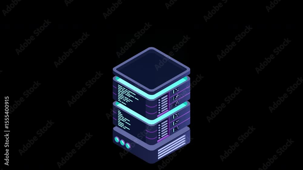 Poster Isometric futuristic server animation. Isometric database or data center. Abstract blockchain. Computer storage. Cloud storage. Transparent background with alpha channel