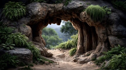 A cave entrance with stalactites and moss growing on the edges, opening into darkness. 