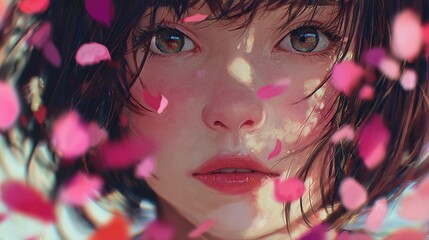 A close-up of a young woman's face, framed by falling pink petals, evoking a soft, dreamy mood