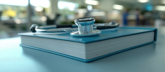 Stethoscope resting on a blue medical textbook in a clinical environment