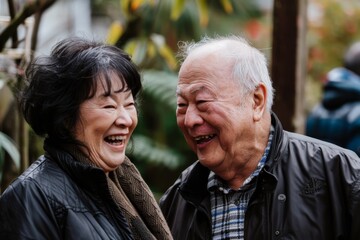 Elderly couple smiling in the garden. Happy elderly couple in love.