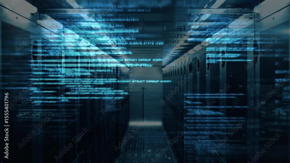 Poster blue code sliding through server corridor, intensifying into tunnel then receding to show data flow
