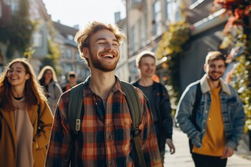 Cheerful young man with friends walking in the street. Group of friends having fun together.