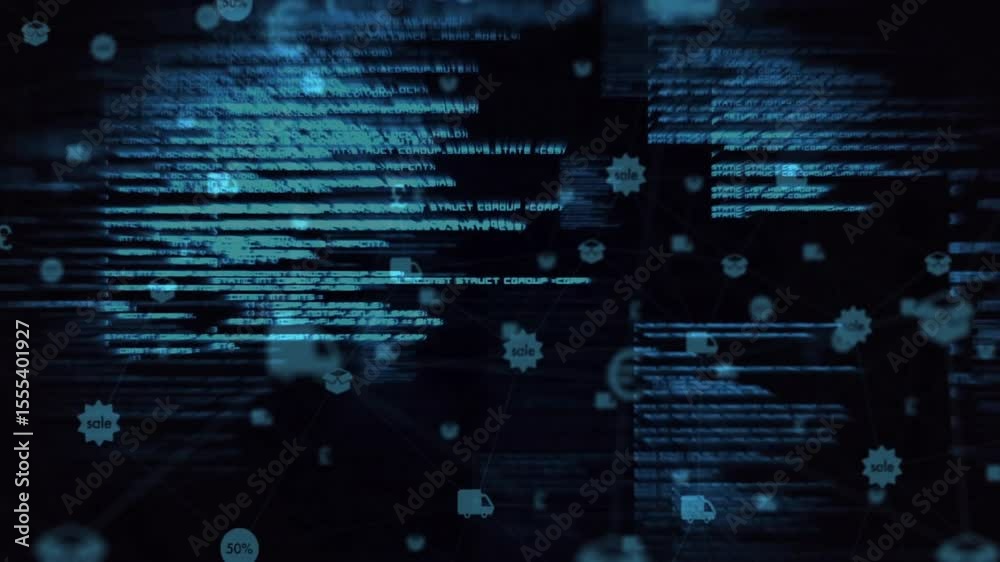 Poster scrolling blue code shifting and activating drifting ecommerce icon network, showing data exchange