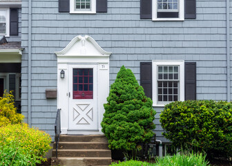 Architectural detail of an American home entrance in Newton, Massachusetts, USA
