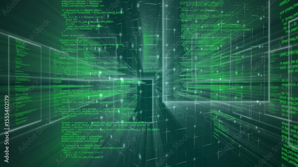 Poster Camera racing through tunnel with green code streaming and frames showing data flow