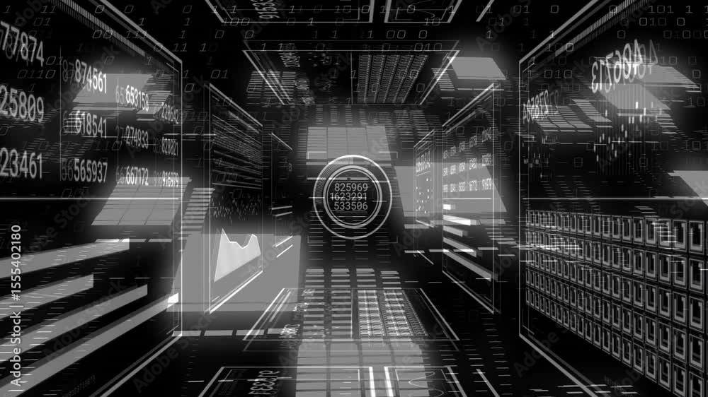 Poster dark data tunnel opening starting forward movement while panels updating and visualizing data flow