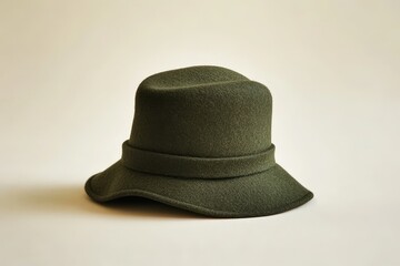 A dark olive green felt hat with a structured crown and a wide brim.
