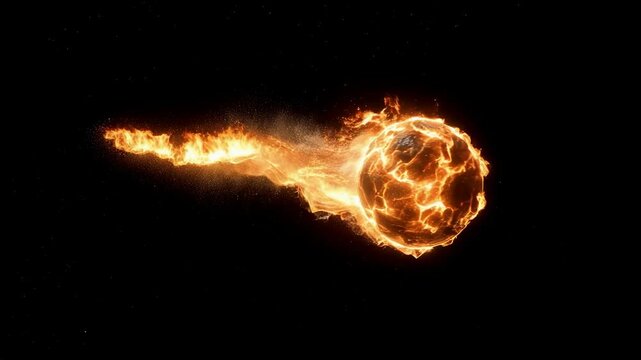 Fiery meteor flying through space with blazing trail, high-energy cosmic object for sci-fi, disaster, or astronomical video background