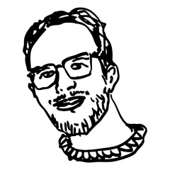 Head of a bearded Caucasian middle age man with shirt haircut wearing glasses. Male portrait. Hand drawn linear doodle rough sketch. Black and white silhouette.