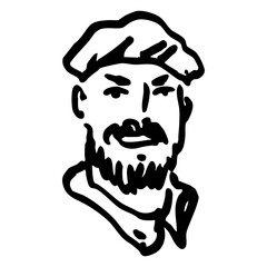 Head of a happy bearded man wearing beret. Funny male portrait. Hand drawn linear doodle rough sketch. Black and white silhouette.