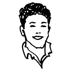 Head of a smiling young man or boy. Funny guy. Male portrait. Hand drawn linear doodle rough sketch. Black and white silhouette.