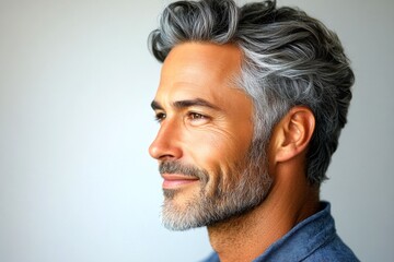 Fototapeta premium Pure white solid background. Creative design idea of style for aging men. A charming and expressive man enjoying his portrait. Modish men's quiff haircut - midlife white man with grey hair.