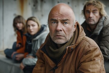 Portrait of a sad senior man with his family in the background