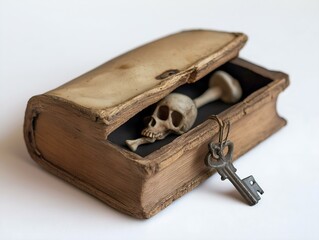 antique book, skull, keys, old lock, wooden box, aged, vintage, mysterious, object, close up
