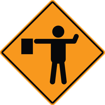 Flagger sign. Flagman ahead road symbol. Traffic caution signal. flat style.