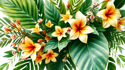 Watercolor of Tropical spring floral green leaves and flowers s isolated on transparent background b