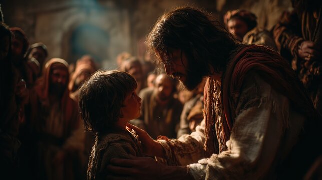Photorealistic scene depicting a tender moment between Jesus and a child, surrounded by onlookers. The atmosphere is warm and reverent, reminiscent of biblical teachings on humility (Matthew 18:1-5).