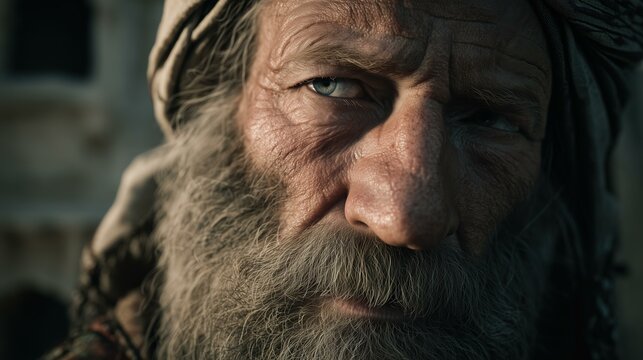 Photorealistic close-up of a rugged, weathered man with piercing eyes and a thick beard, evoking a sense of wisdom and resilience