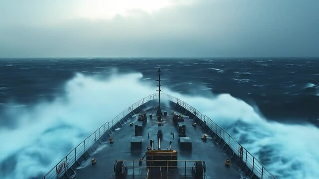 Massive wave engulfs cargo ships bow
