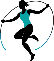 Vector silhouette of a person jumping with a jump rope, fitness workout with white background.