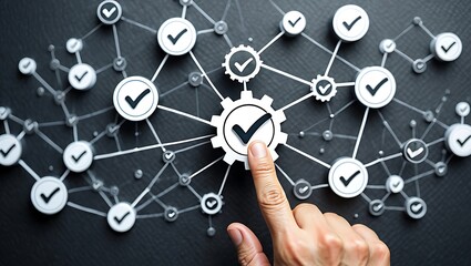 A hand activating a gear within a network of checkmark icons. A concept representing quality assurance, process standardization, system validation, and business workflow management.
