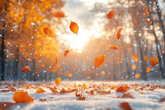 Orange autumn leaves falling on snow in a sunlit forest with blurred trees and sunlight