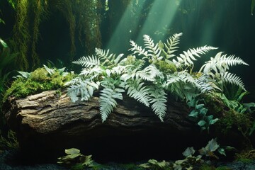 Light filtering through a forest scene with plants on a log.