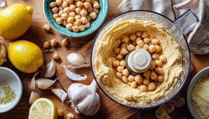 Preparation of homemade hummus with chickpeas, garlic, and lemon on a wooden kitchen counter