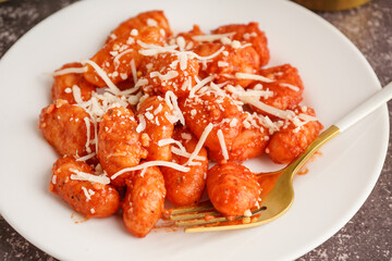 Plate of tasty gnocchi with cheese on grey background