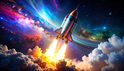 Fototapeta premium Colorful rocket launch into starry cosmos