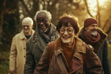 Group of senior friends having fun together in the park. They are smiling and looking at camera.