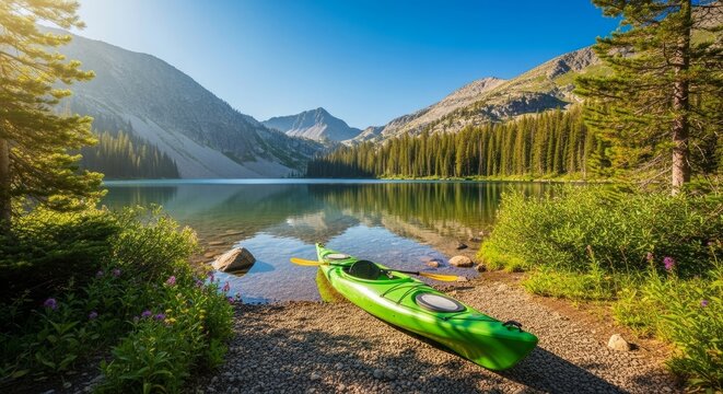 Serene mountain lake with a kayak resting on its shore, bathed in sunlight.