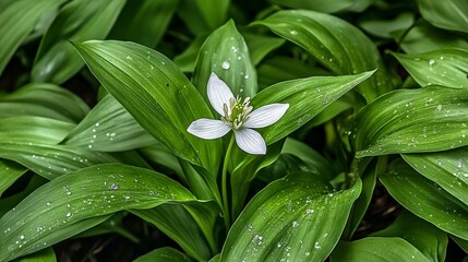 Obraz premium White Flower, Dew Drops, Green Leaves