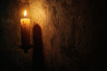 Illuminating Darkness: A candle's warm glow pierces the shadows, casting an ethereal light upon a textured wall in a dimly lit setting.