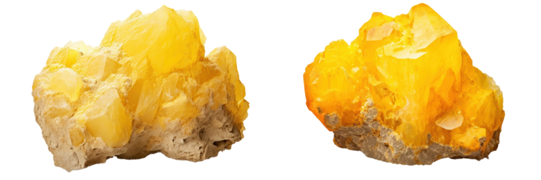 Close Up of Two Sulfur Stone Crystals Showcasing Golden Yellow Hues on Rough Brown Bases against a Dark Background