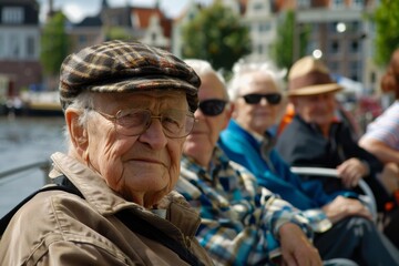 Portrait of an elderly woman sitting on the embankment of the canal.