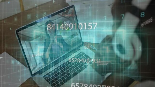 Colleague joining call, driving cybersecurity demo with scrolling codes and malware tags on laptop