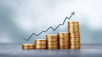 Rising Gold Coins Stacks Showing Growth and Financial Success A positive upward trend is clearly displayed