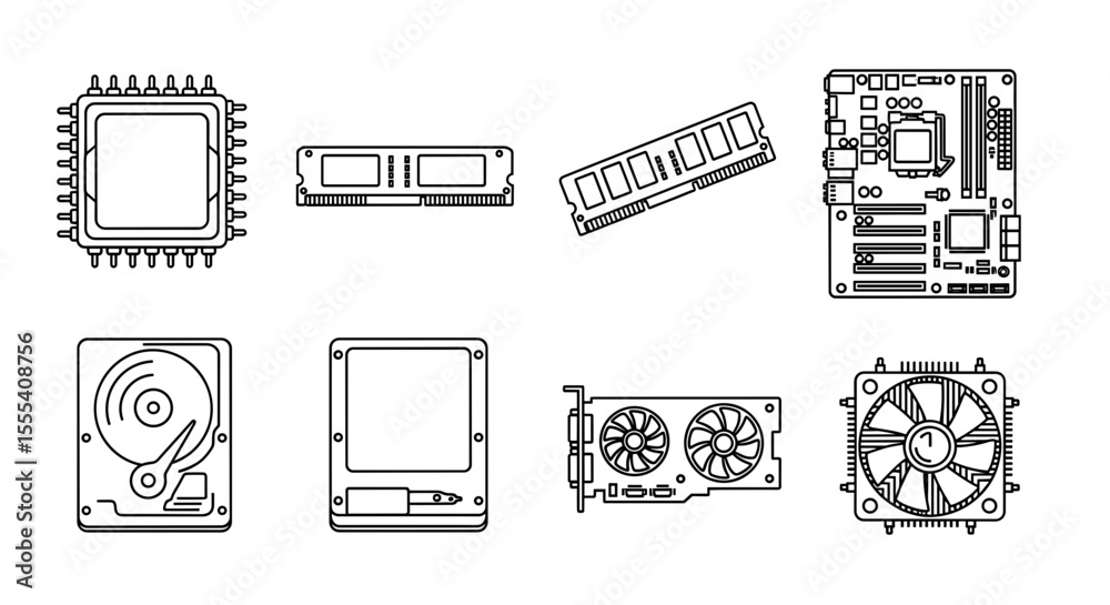 Fototapete outline drawing of computer components including cpu ram motherboard hdd ssd gpu and cooler fan