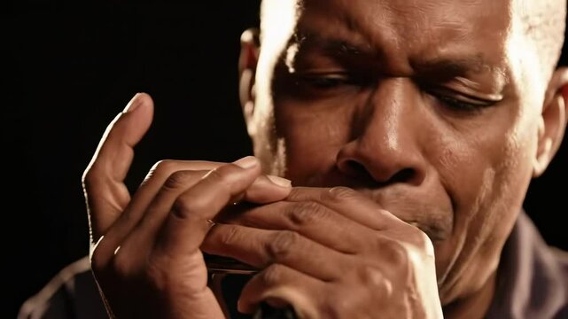 Closeup focus on man playing harmonica in dark studio