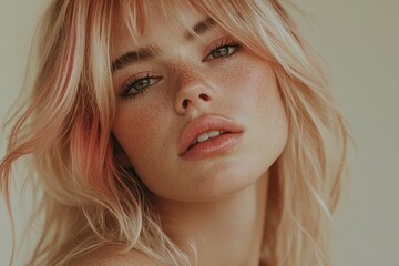 Naklejka premium Close-up portrait of a woman with styled hair and soft makeup.